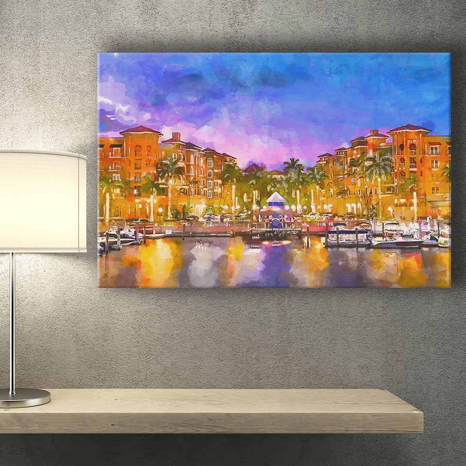 Naples Florida Usa Downtown Skyline Dusk City Art Watercolor Canvas Prints Wall Art Home Decor, Large Canvas