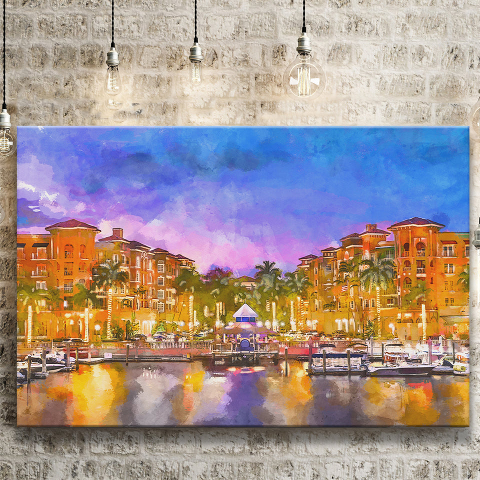 Naples Florida Usa Downtown Skyline Dusk City Art Watercolor Canvas Prints Wall Art Home Decor, Large Canvas