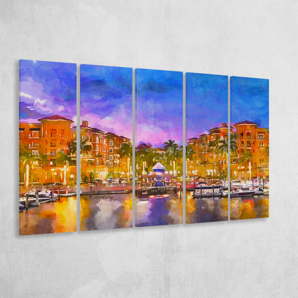 Naples Florida Usa Downtown Skyline Dusk 5 Pieces Extra Large Canvas Prints Wall Art Home Decor