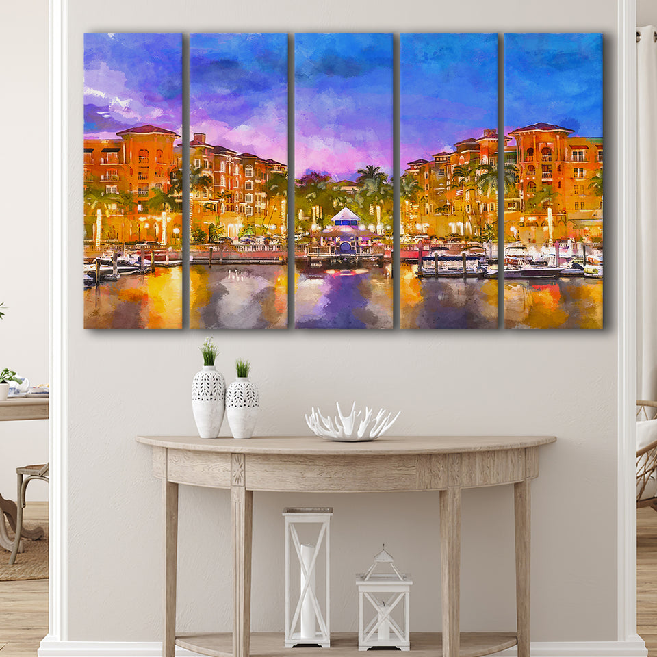 Naples Florida Usa Downtown Skyline Dusk 5 Pieces Extra Large Canvas Prints Wall Art Home Decor