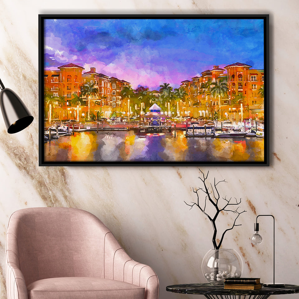 Naples Florida Usa Downtown Skyline Dusk City Art Watercolor Framed Canvas Prints Wall Art Home Decor,Floating Frame