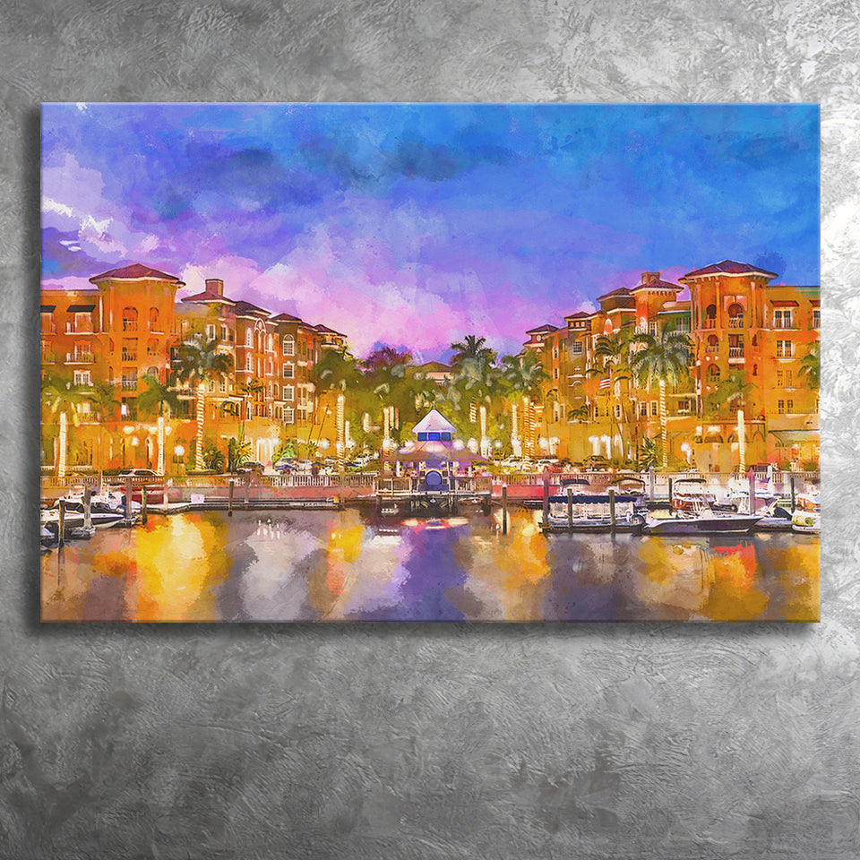 Naples Florida Usa Downtown Skyline Dusk City Art Watercolor Canvas Prints Wall Art Home Decor, Large Canvas