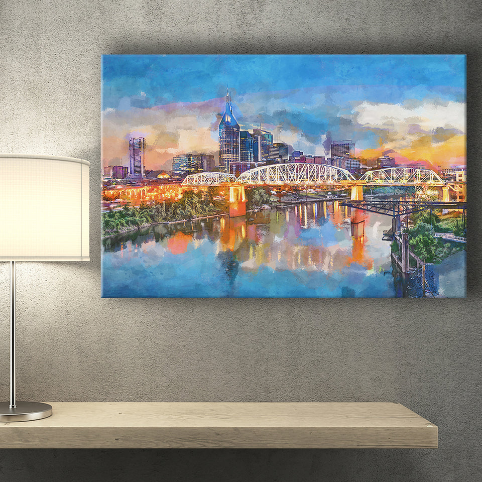 Nashville Tennessee Usa Downtown Skyline On City Art Watercolor Canvas Prints Wall Art Home Decor, Large Canvas