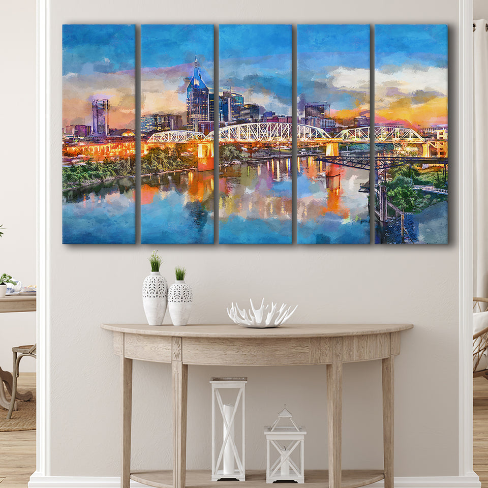 Nashville Tennessee Usa Downtown Skyline On 5 Pieces Extra Large Canvas Prints Wall Art Home Decor