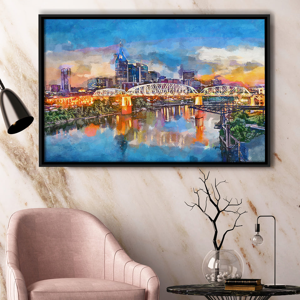 Nashville Tennessee Usa Downtown Skyline On City Art Watercolor Framed Canvas Prints Wall Art Home Decor,Floating Frame