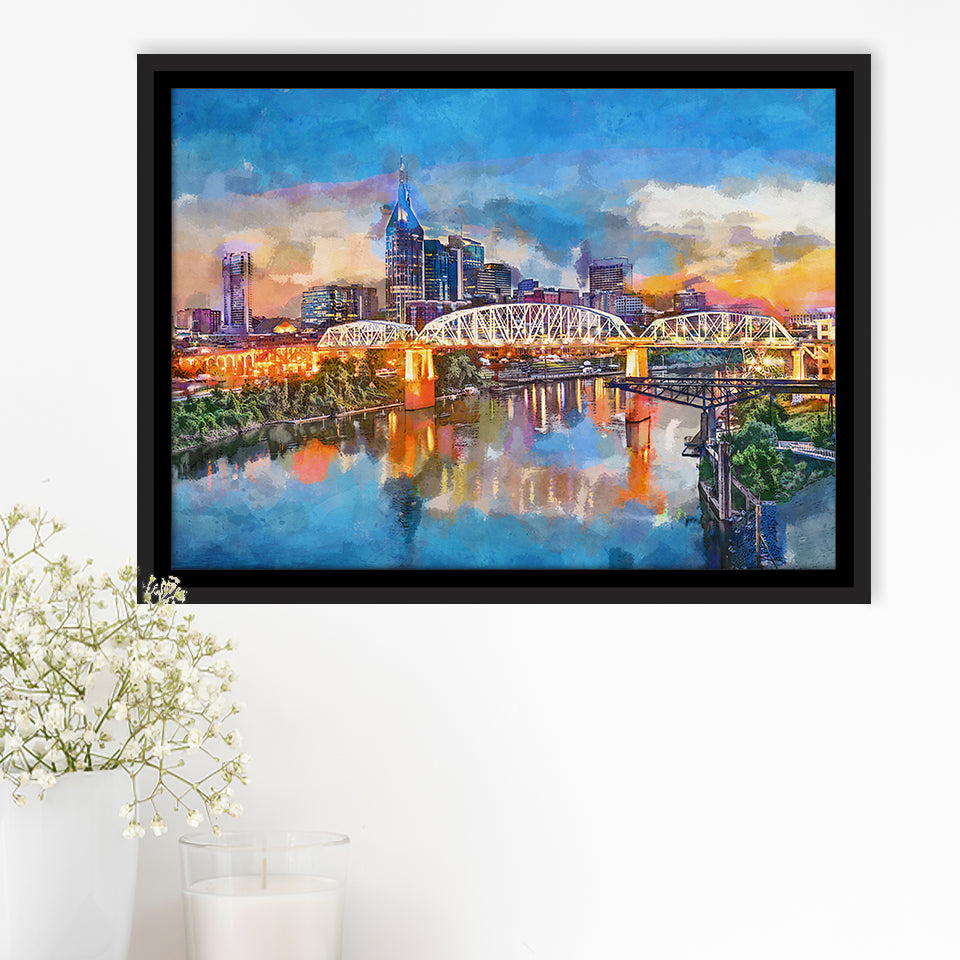 Nashville Tennessee Usa Downtown Skyline On City Art Watercolor Framed Canvas Prints Wall Art Home Decor,Floating Frame