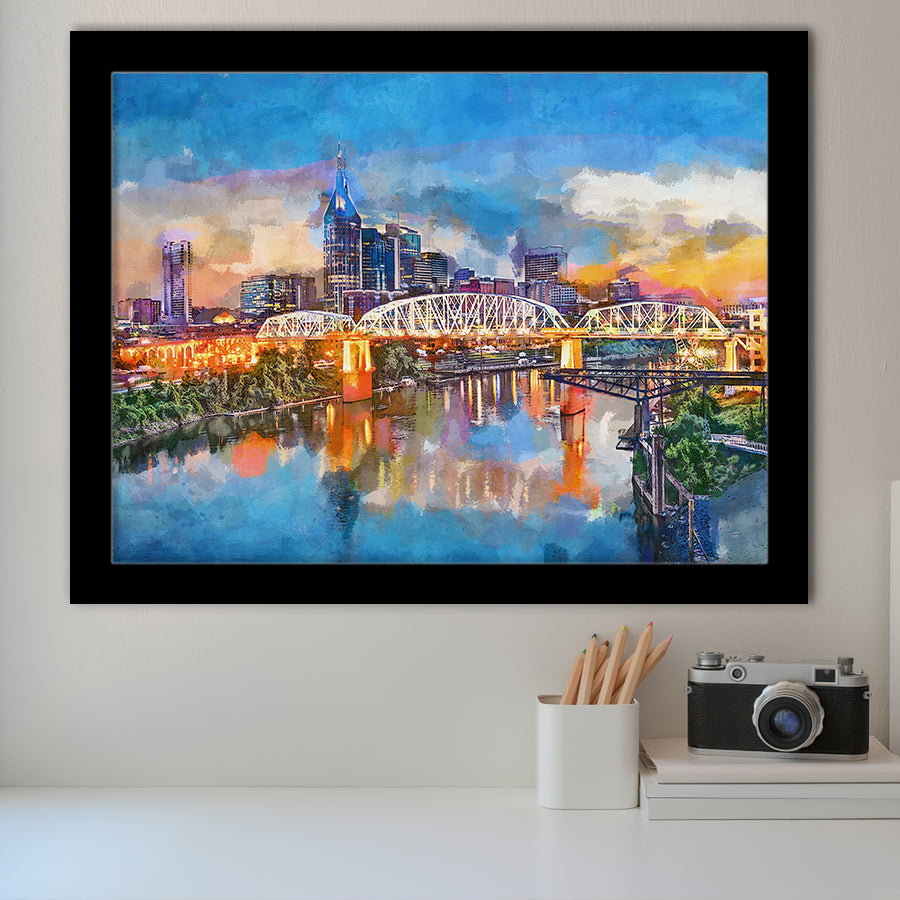 Nashville Tennessee Usa Downtown Skyline On City Art Watercolor Framed Art Prints Wall Art Decor,Framed Picture