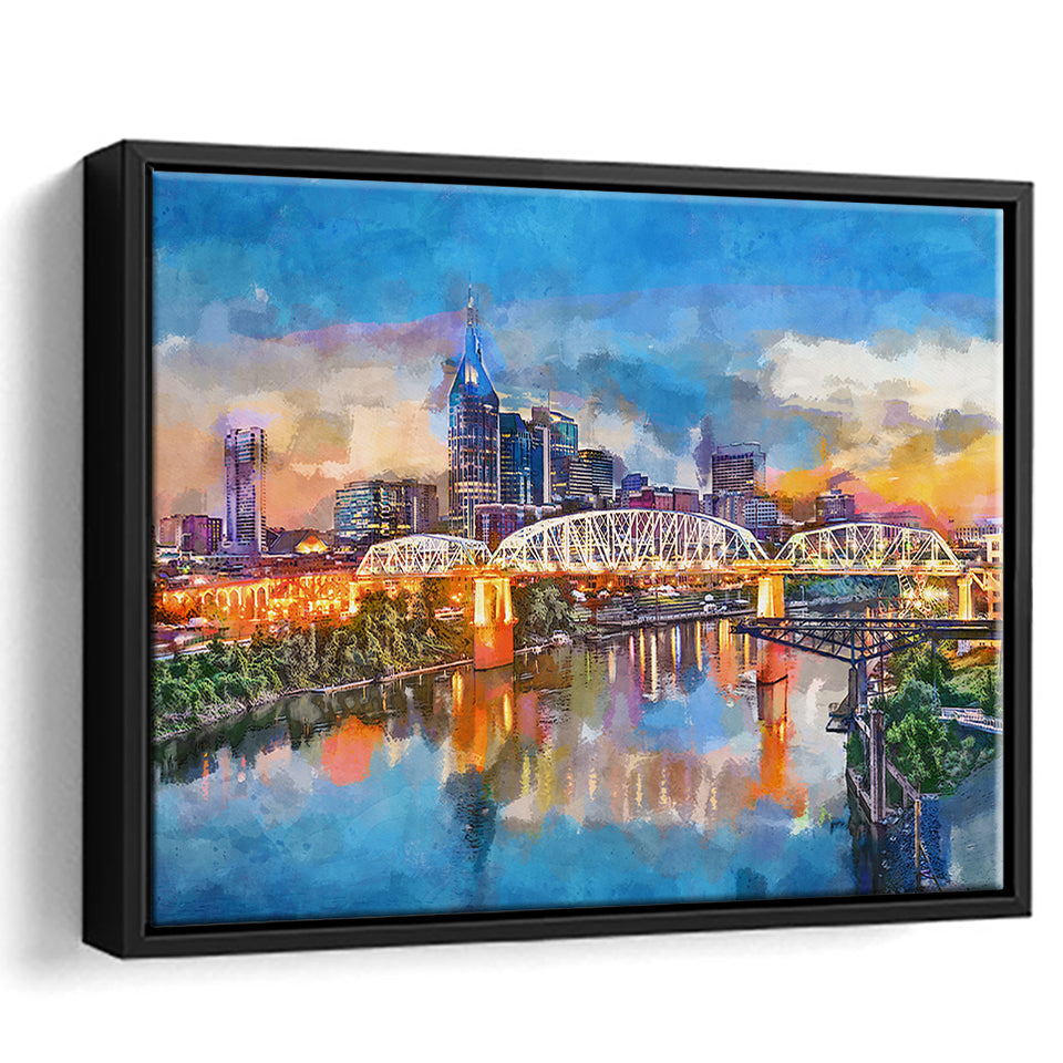 Nashville Tennessee Usa Downtown Skyline On City Art Watercolor Framed Canvas Prints Wall Art Home Decor,Floating Frame