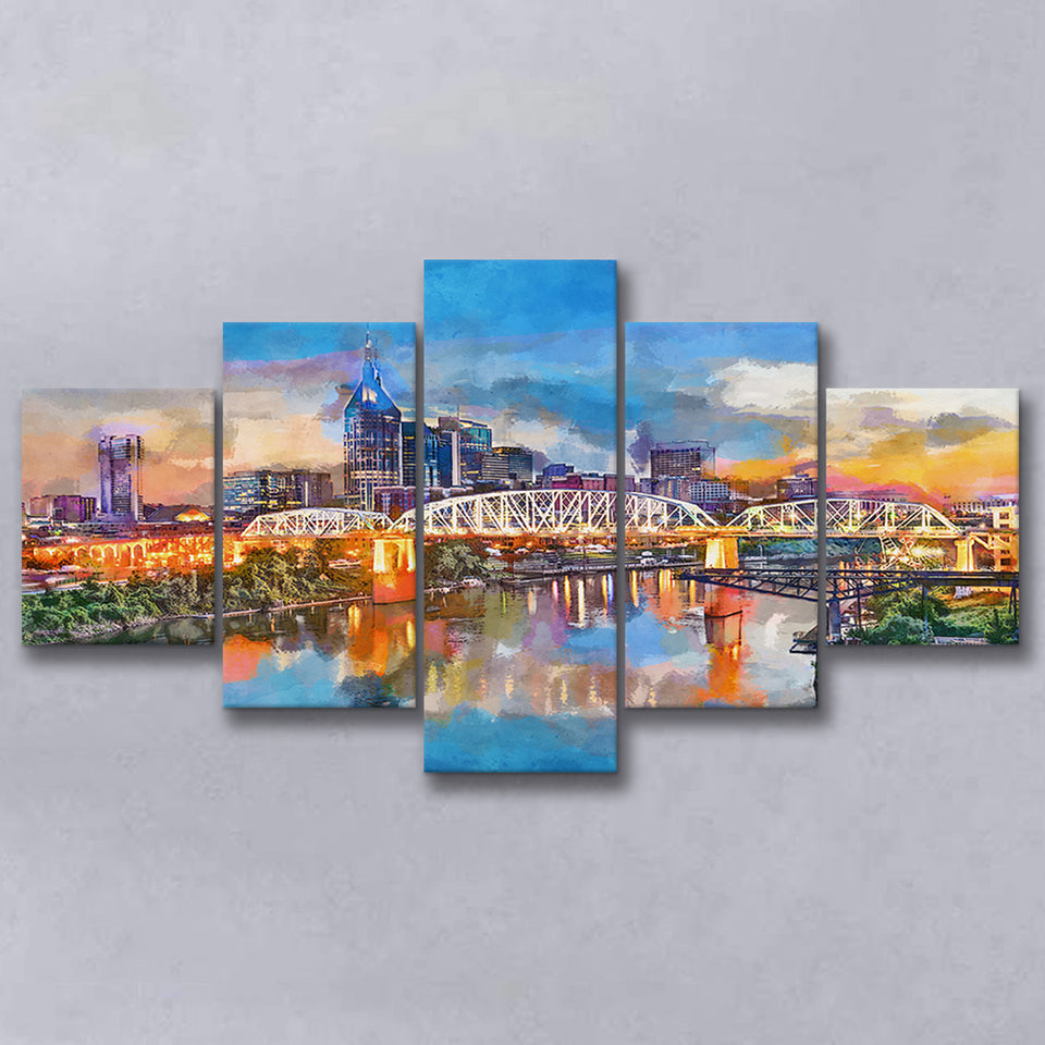 Nashville Tennessee Usa Downtown Skyline On 5 Pieces Mixed Canvas Prints Wall Art Home Decor