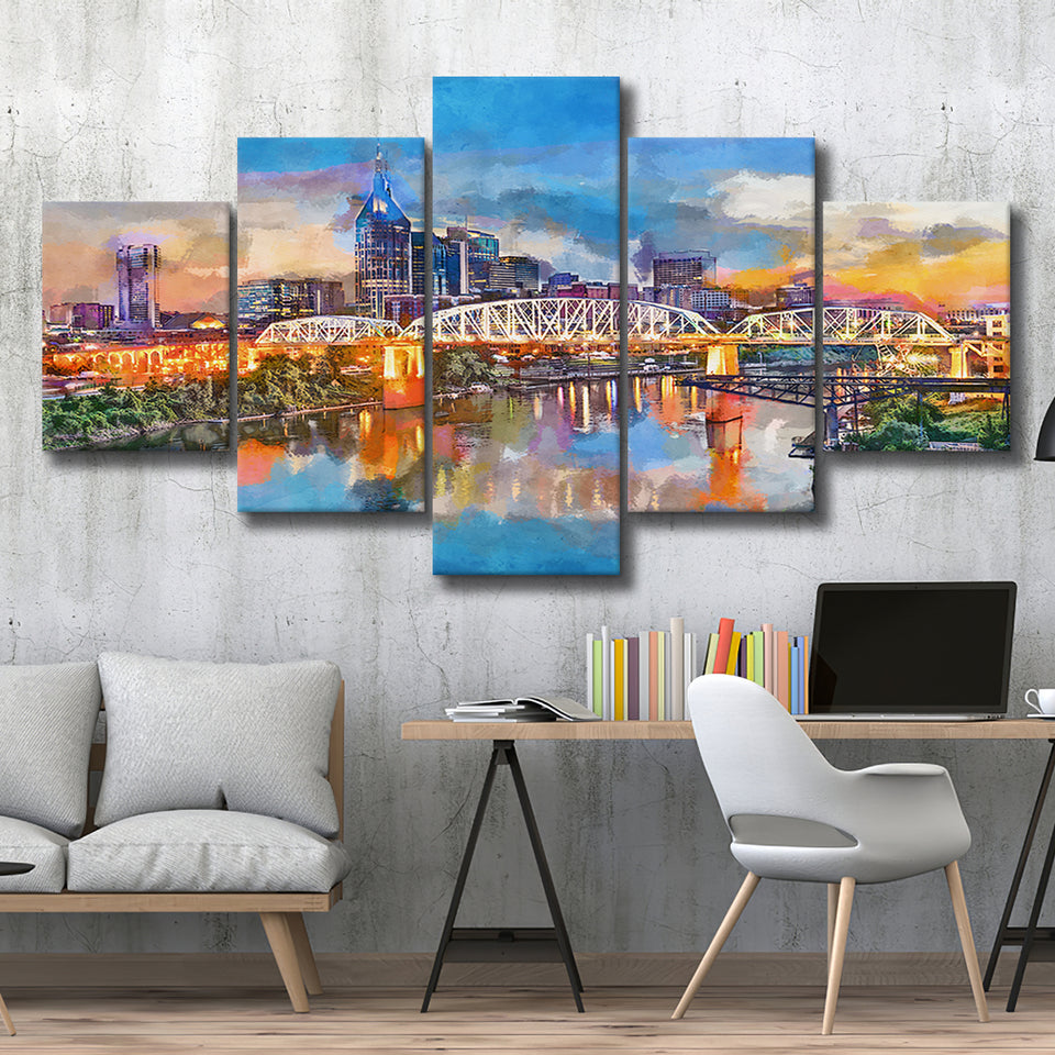 Nashville Tennessee Usa Downtown Skyline On 5 Pieces Mixed Canvas Prints Wall Art Home Decor