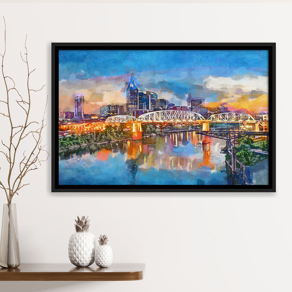 Nashville Tennessee Usa Downtown Skyline On City Art Watercolor Framed Canvas Prints Wall Art Home Decor,Floating Frame