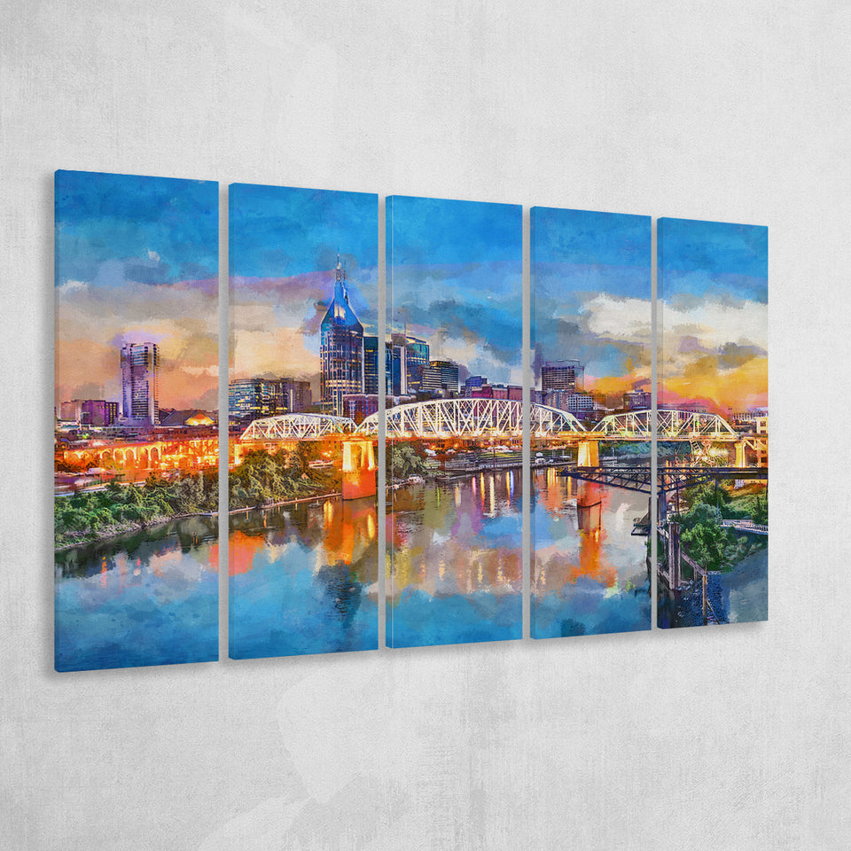 Nashville Tennessee Usa Downtown Skyline On 5 Pieces Extra Large Canvas Prints Wall Art Home Decor