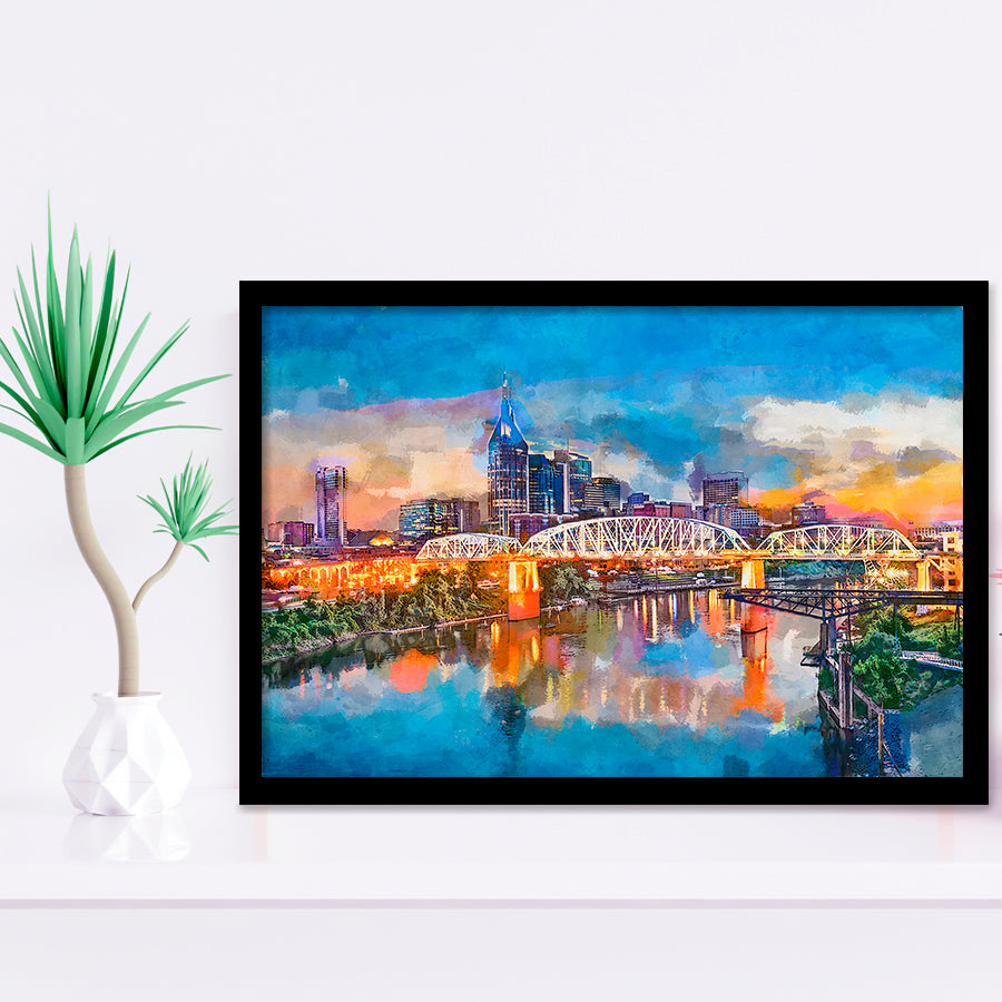 Nashville Tennessee Usa Downtown Skyline On City Art Watercolor Framed Art Prints Wall Art Decor,Framed Picture