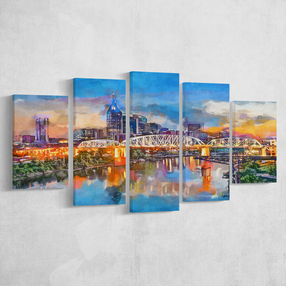 Nashville Tennessee Usa Downtown Skyline On 5 Pieces Mixed Canvas Prints Wall Art Home Decor