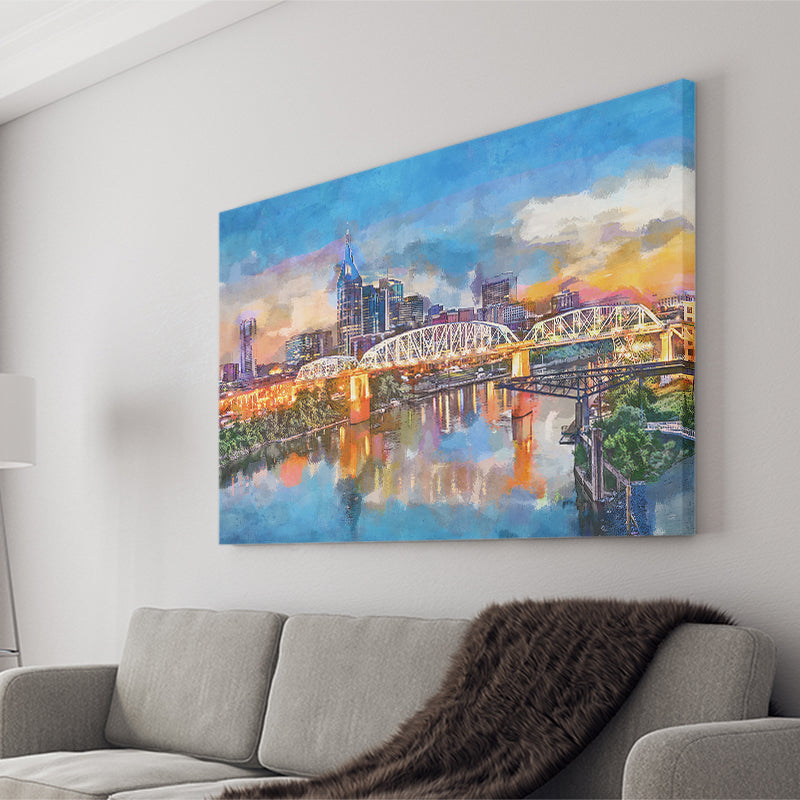 Nashville Tennessee Usa Downtown Skyline On City Art Watercolor Canvas Prints Wall Art Home Decor, Large Canvas