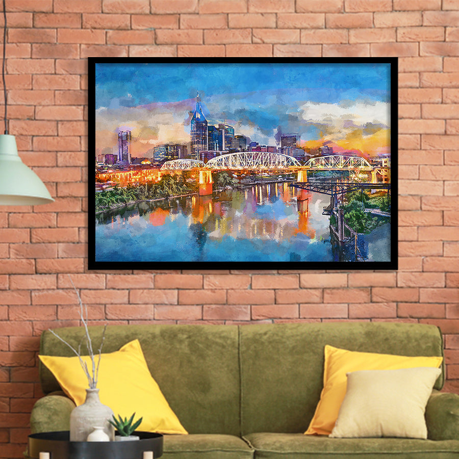 Nashville Tennessee Usa Downtown Skyline On City Art Watercolor Framed Art Prints Wall Art Decor,Framed Picture