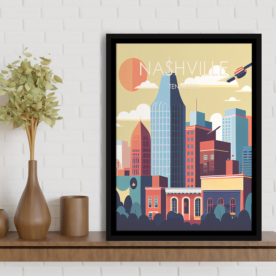 Nashville Retro Art Print, Large Canvas, Framed Canvas Print Wall Art Home Decor, Floating Frame