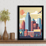 Nashville Retro Art Print, Large Canvas, Framed Canvas Print Wall Art Home Decor, Floating Frame