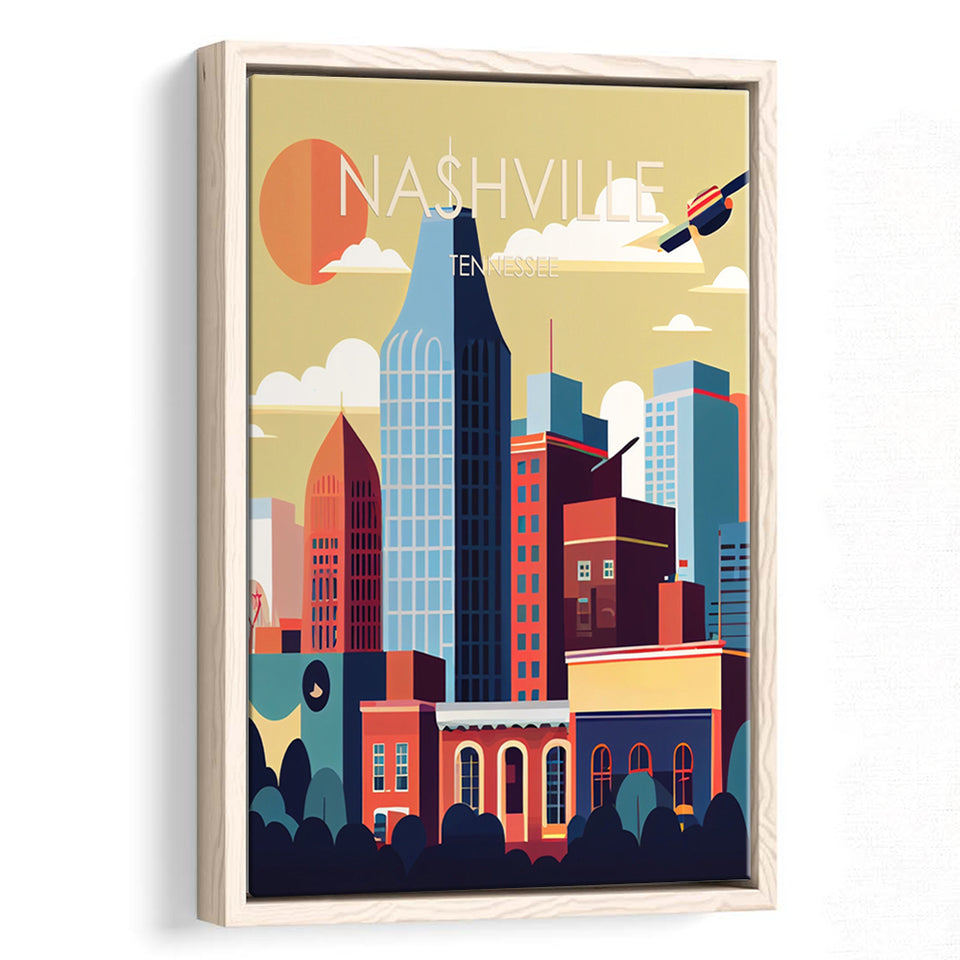 Nashville Retro Art Print, Large Canvas, Framed Canvas Print Wall Art Home Decor, Floating Frame