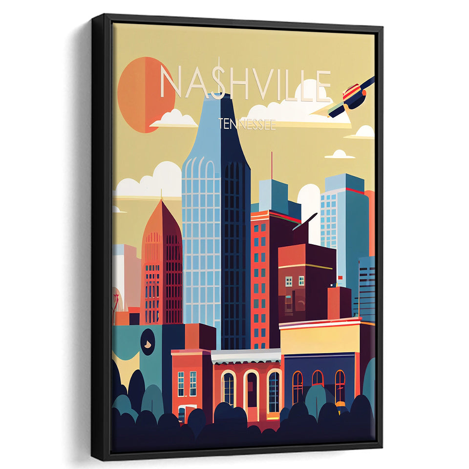 Nashville Retro Art Print, Large Canvas, Framed Canvas Print Wall Art Home Decor, Floating Frame