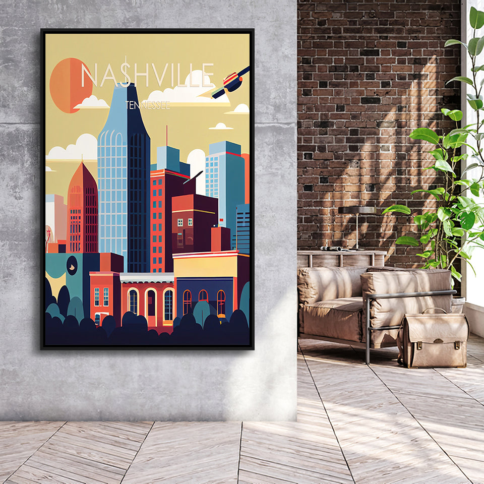 Nashville Retro Art Print, Large Canvas, Framed Canvas Print Wall Art Home Decor, Floating Frame