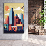Nashville Retro Art Print, Large Canvas, Framed Canvas Print Wall Art Home Decor, Floating Frame