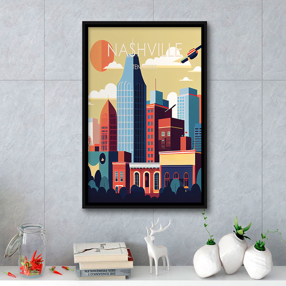 Nashville Retro Art Print, Large Canvas, Framed Canvas Print Wall Art Home Decor, Floating Frame