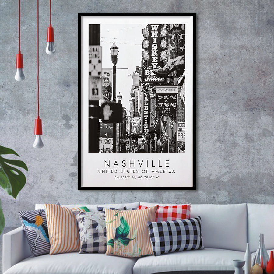 Nashville Usa 1 Black And White Art Framed Art Prints Wall Art Decor, Framed Picture