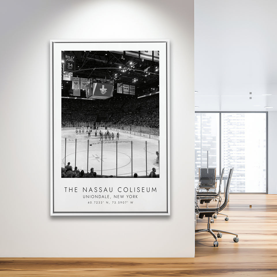 Nassau Coliseum New York Islanders Ice Hockey Lovers Black And White Framed Canvas Prints Wall Art Home Decor, Floating Frame