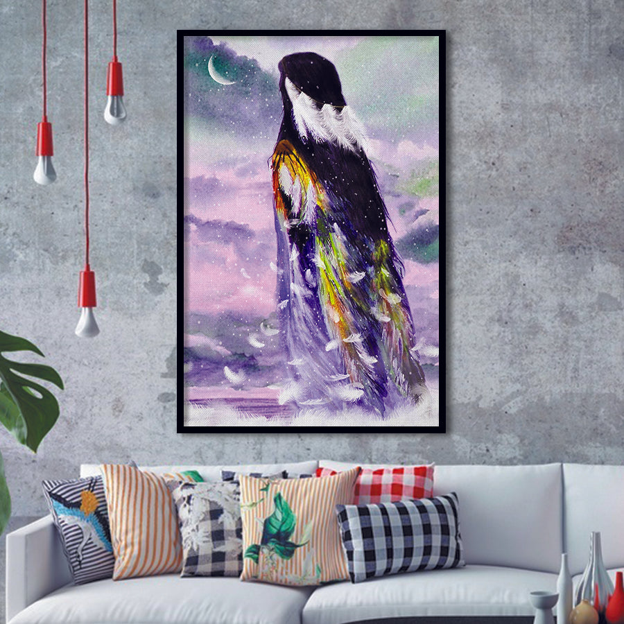 Native American Angel Woman Looking The Moon Framed Art Prints Wall Decor, Framed Picture, Large Picture