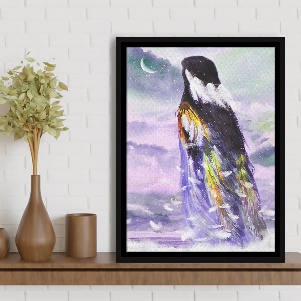 Native American Angel Woman Looking The Moon Framed Canvas Prints Wall Art, Floating Frame, Large Canvas Home Decor