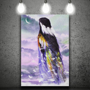 Native American Angel Woman Looking The Moon Canvas Prints Wall Art, Home Living Room Decor, Large Canvas