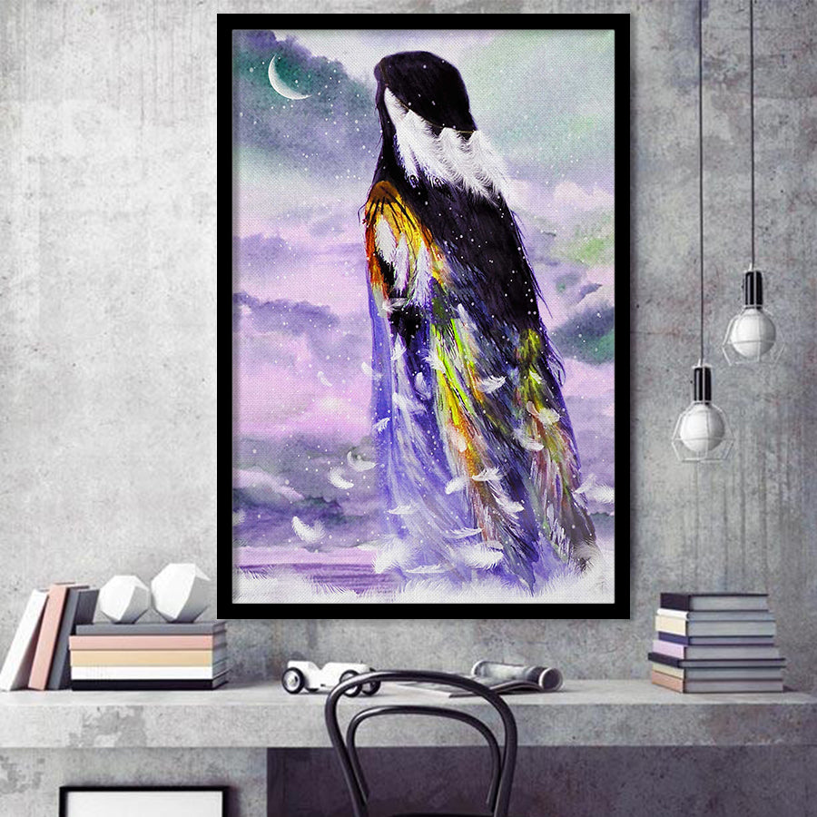 Native American Angel Woman Looking The Moon Framed Art Prints Wall Decor, Framed Picture, Large Picture