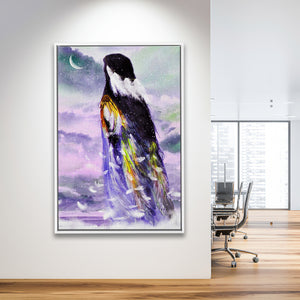 Native American Angel Woman Looking The Moon Framed Canvas Prints Wall Art, Floating Frame, Large Canvas Home Decor