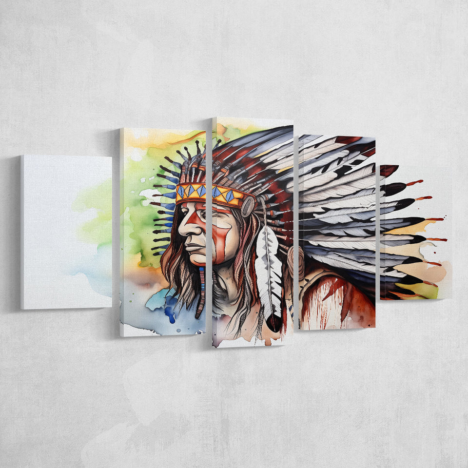 Native American Culuture Painting Ink Watercolor Mixed 5 Panel Large Canvas Prints Wall Art Decor