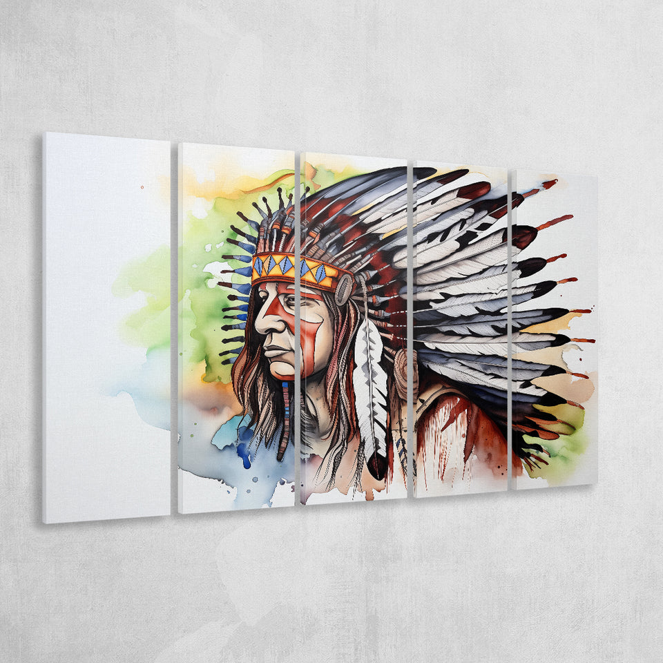 Native American Culuture Painting Ink Watercolor,5 Panel Extra Large Canvas Prints Wall Art Decor