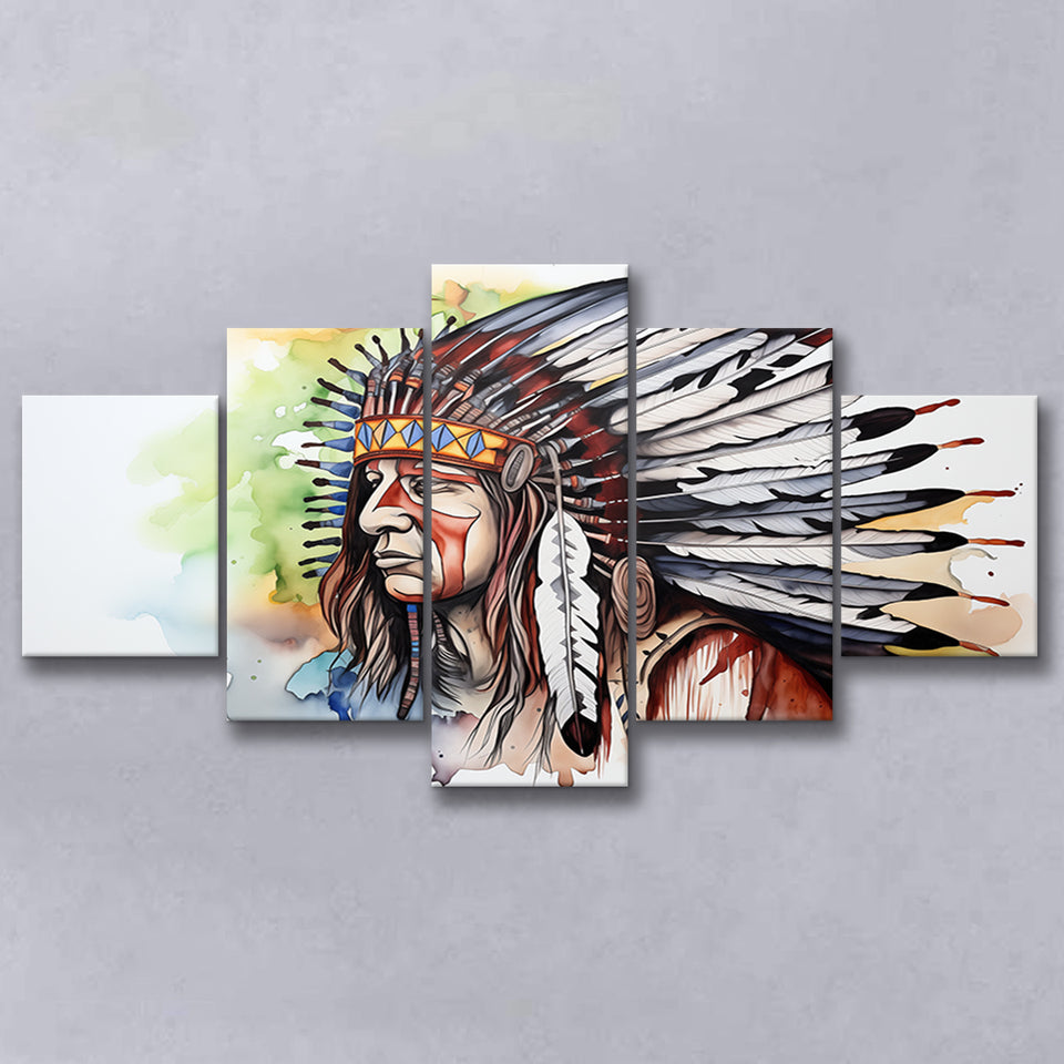 Native American Culuture Painting Ink Watercolor Mixed 5 Panel Large Canvas Prints Wall Art Decor
