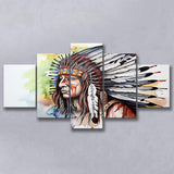 Native American Culuture Painting Ink Watercolor Mixed 5 Panel Large Canvas Prints Wall Art Decor