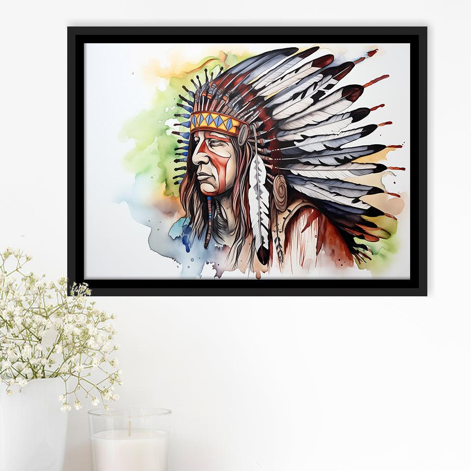 Native American Culuture Painting Ink Watercolor, Framed Canvas Prints Wall Art Decor, Floating Frame