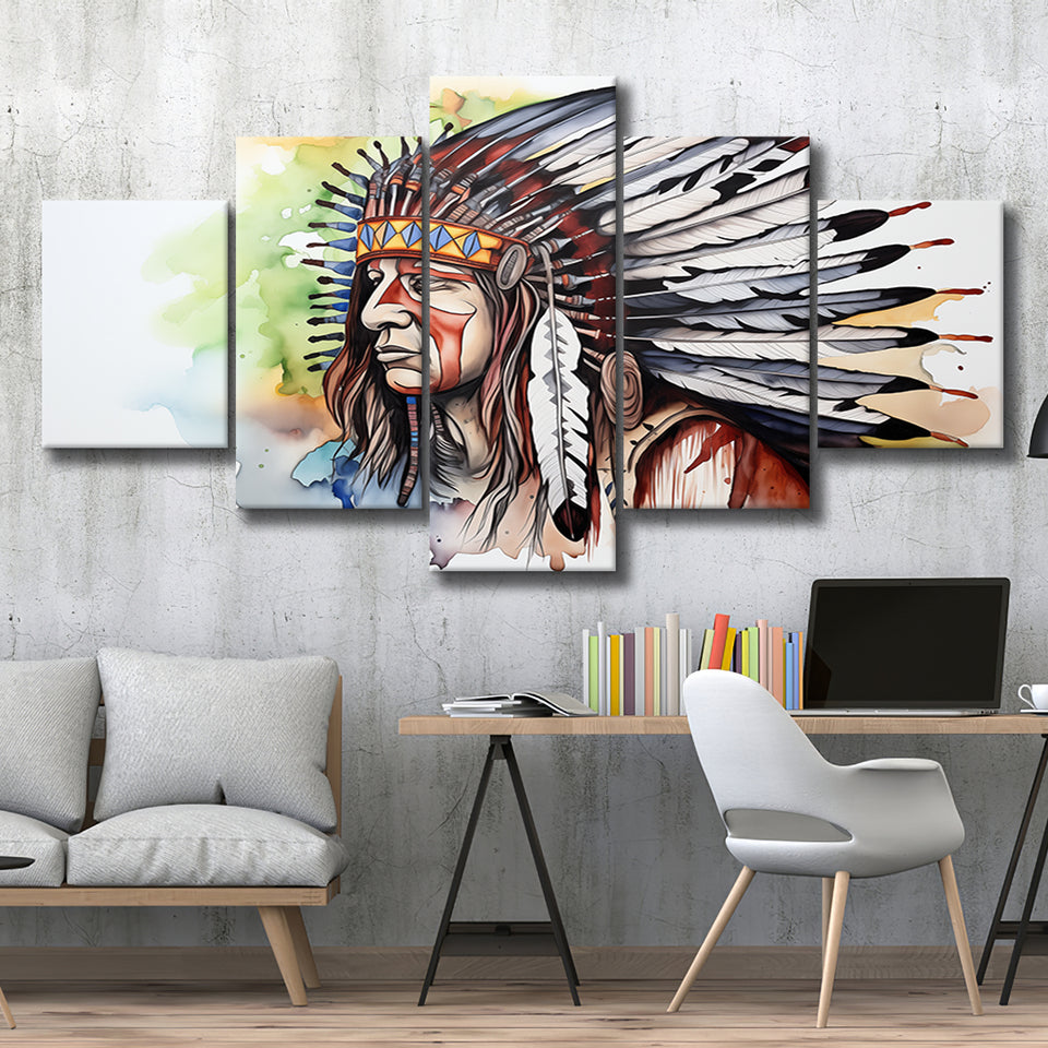 Native American Culuture Painting Ink Watercolor Mixed 5 Panel Large Canvas Prints Wall Art Decor