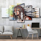 Native American Culuture Painting Ink Watercolor Mixed 5 Panel Large Canvas Prints Wall Art Decor