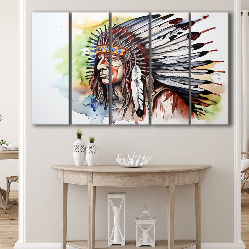 Native American Culuture Painting Ink Watercolor,5 Panel Extra Large Canvas Prints Wall Art Decor