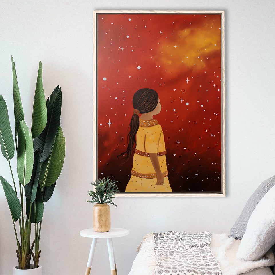 Native American Girl Galaxy Acrylic Painting Kids Gift Kids Art,Framed Canvas Prints,Floating Frame, Wall Art