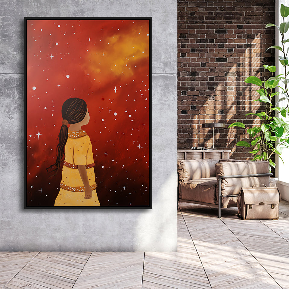 Native American Girl Galaxy Acrylic Painting Kids Gift Kids Art,Framed Canvas Prints,Floating Frame, Wall Art