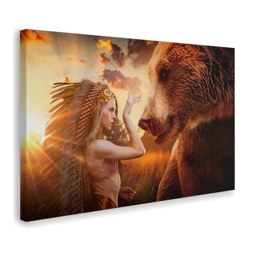 Native Girl With Headdress And Bear Sunset Canvas Wall Art - Canvas Prints, Prints for Sale, Canvas Painting,Home Decor