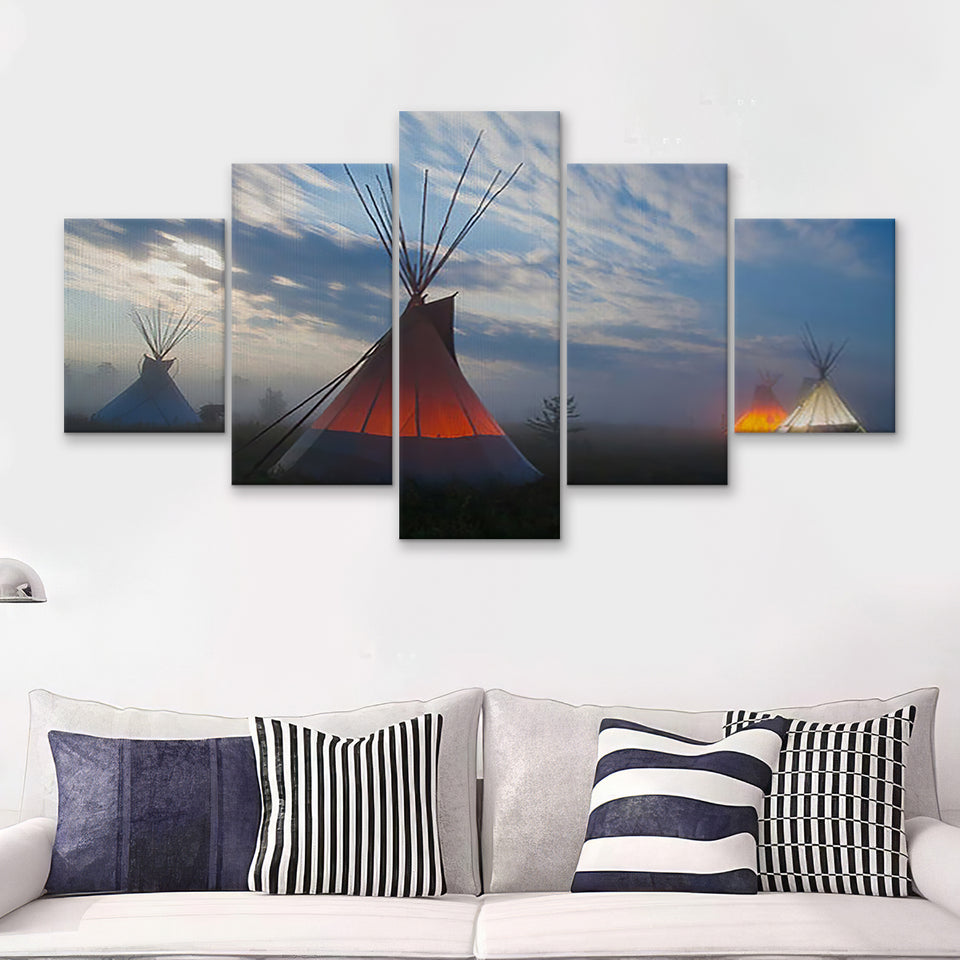 Native Indians Teepee Hut American Indian 5 Pieces Canvas Prints Wall Art - Painting Canvas, Multi Panels, Wall Decor
