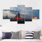 Native Indians Teepee Hut American Indian 5 Pieces Canvas Prints Wall Art - Painting Canvas, Multi Panels, Wall Decor