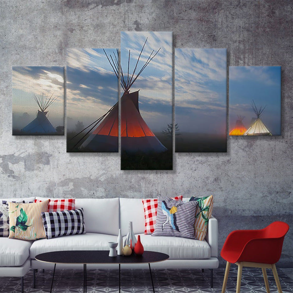 Native Indians Teepee Hut American Indian 5 Pieces Canvas Prints Wall Art - Painting Canvas, Multi Panels, Wall Decor