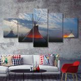 Native Indians Teepee Hut American Indian 5 Pieces Canvas Prints Wall Art - Painting Canvas, Multi Panels, Wall Decor