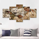 Native Lady With Her Wolves American Indian Art 5 Pieces Canvas Prints Wall Art - Painting Canvas, Multi Panels, Wall Decor